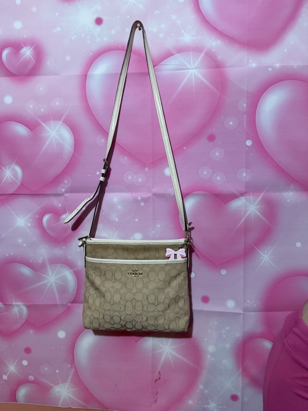 Coach Khaki Signature Canvas Crossbody with Pink Trim